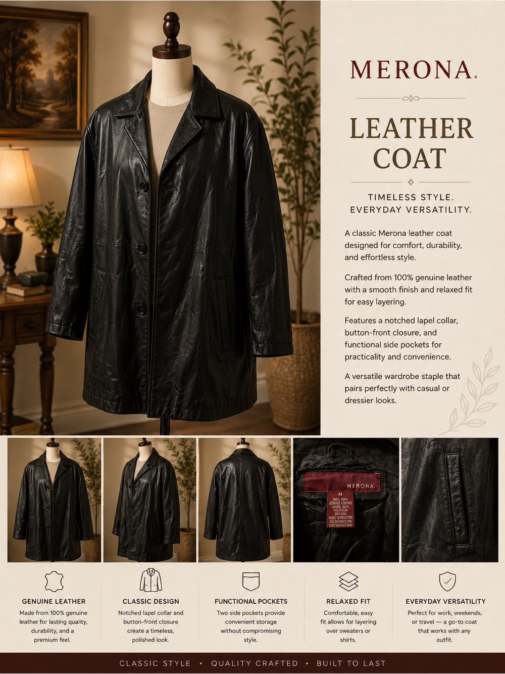 Merona Black Leather Pea Coat - Button-Front Notched Lapel